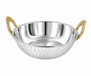STW2084 Stainless Steel Hammered Kadahi with Gold Handles for Serving