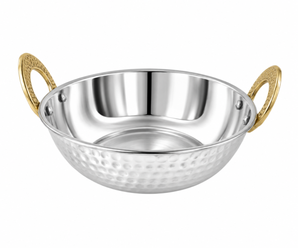 Stainless Steel Hammered Kadahi with Gold Handles for Serving