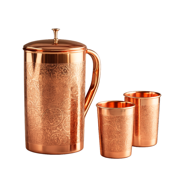 STW3002 Pure Copper Atching Water Jug with 2 Glasses Set for Home, Restuarant, & Hotal