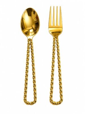 Stainless Steel Gold Spoon & Fork Set with Twisted Handle for Dining & Desserts